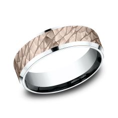 14k Rose Gold and White Gold 7mm Hammered Pebble Lightweight Comfort Fit Wedding Band