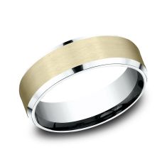 14k Yellow Gold and White Gold 7mm Satin Finish Bevel Edge Lightweight Comfort Fit Wedding Band