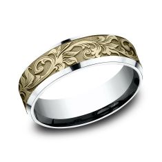 14k Yellow Gold and White Gold 7mm Scrollwork Lightweight Comfort Fit Wedding Band