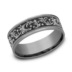 Black Titanium with Thin Grey Tantalum Edges 7.5mm Barrell Script with Stars Pattern Wedding Band