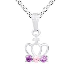 Child's Pink and Purple Cubic Zirconia Sterling Silver Crown Pendant Necklace