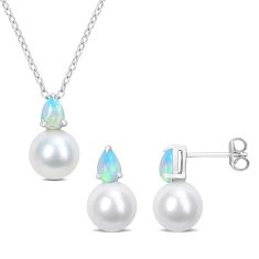 Ethiopian Opal and 8.5-9mm Cultured Freshwater Pearl Sterling Silver Necklace and Earring Set