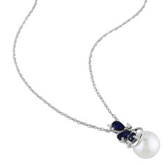 Freshwater Cultured Pearl, Blue Sapphire, and Diamond Earrings and Pendant Gift Set 1/10ctw