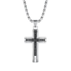 Men's Stainless Steel and Black Diamond Cross Pendant Necklace 1/4ctw