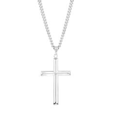 Men's Sterling Silver Beveled Edge Cross Pendant With 24-Inch Chain