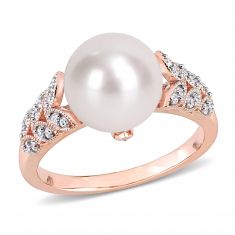 Rose Gold White Freshwater Cultured Pearl and Diamond Ring 1/8ctw