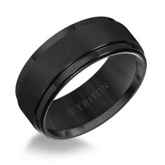 TRITON Black Tungsten Carbide Brushed Finish Step Edge Comfort Fit Wedding Band 9mm